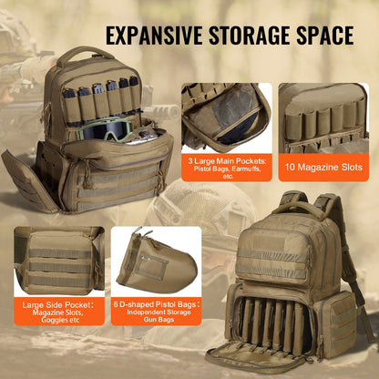 Tactical Brown Backpack for 6 Pistols with Ample Storage and Dual Shoulder Straps