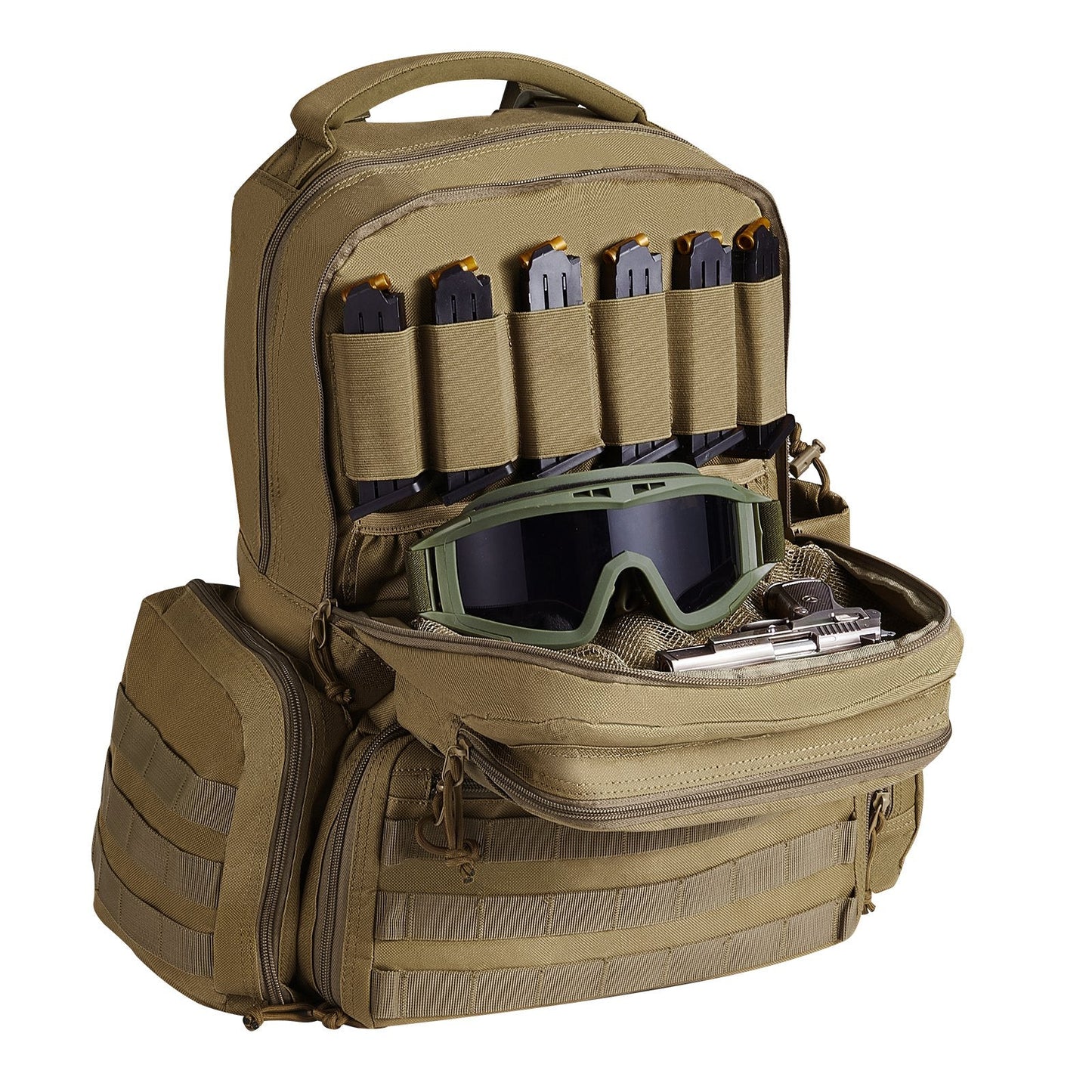 Tactical Brown Backpack for 6 Pistols with Ample Storage and Dual Shoulder Straps