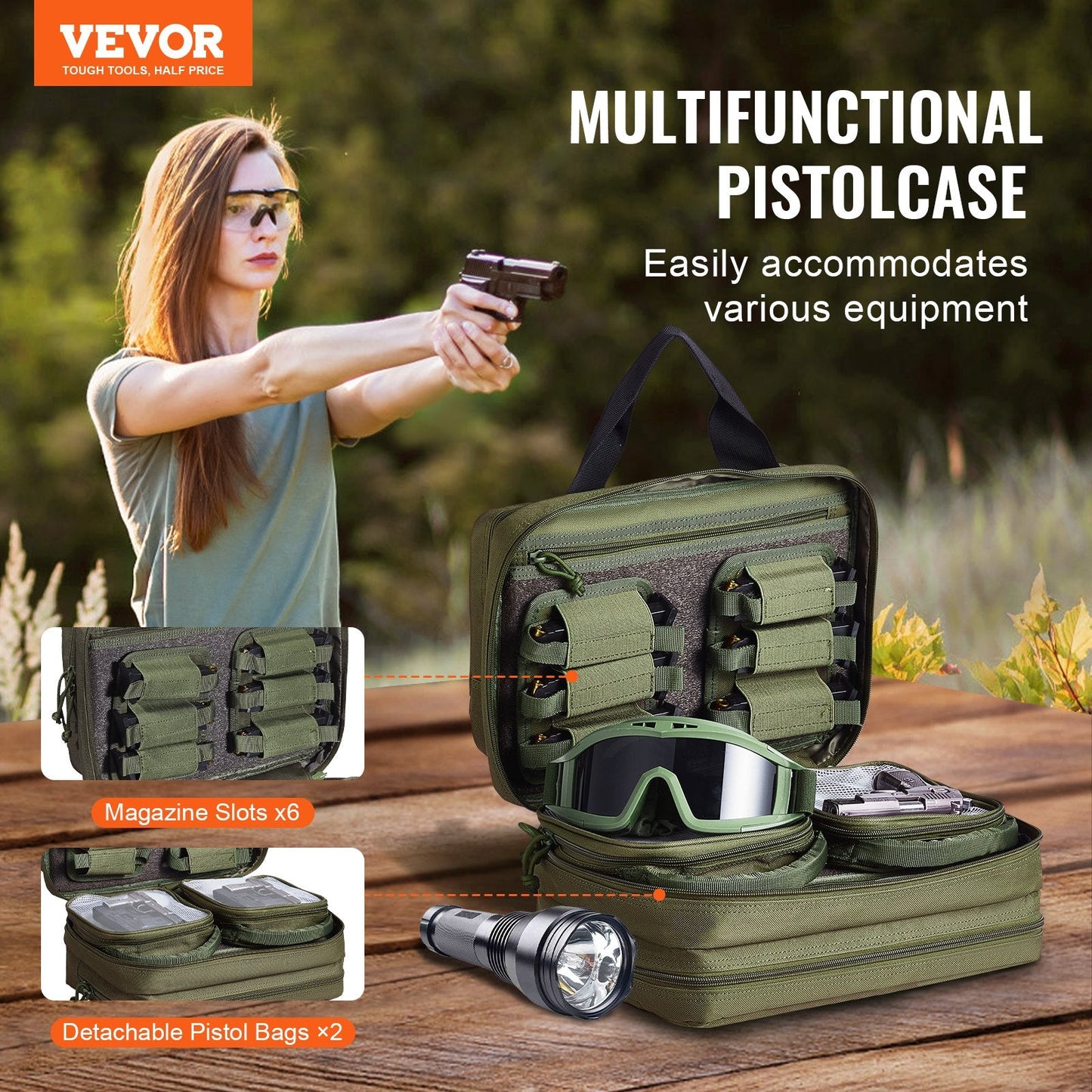 Tactical Range Bag with Dual Pistol Pockets and Adjustable Strap - Green