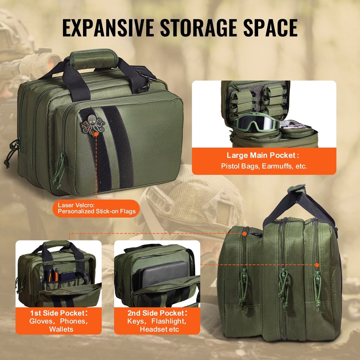 Tactical Range Bag with Dual Pistol Pockets and Adjustable Strap - Green