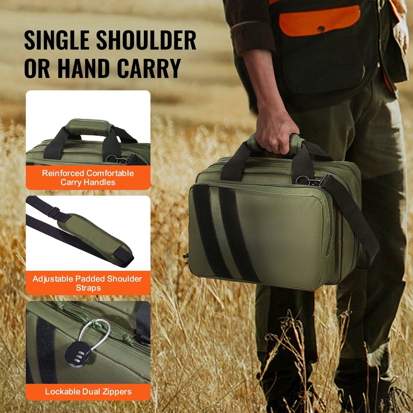 Tactical Range Bag with Dual Pistol Pockets and Adjustable Strap - Green