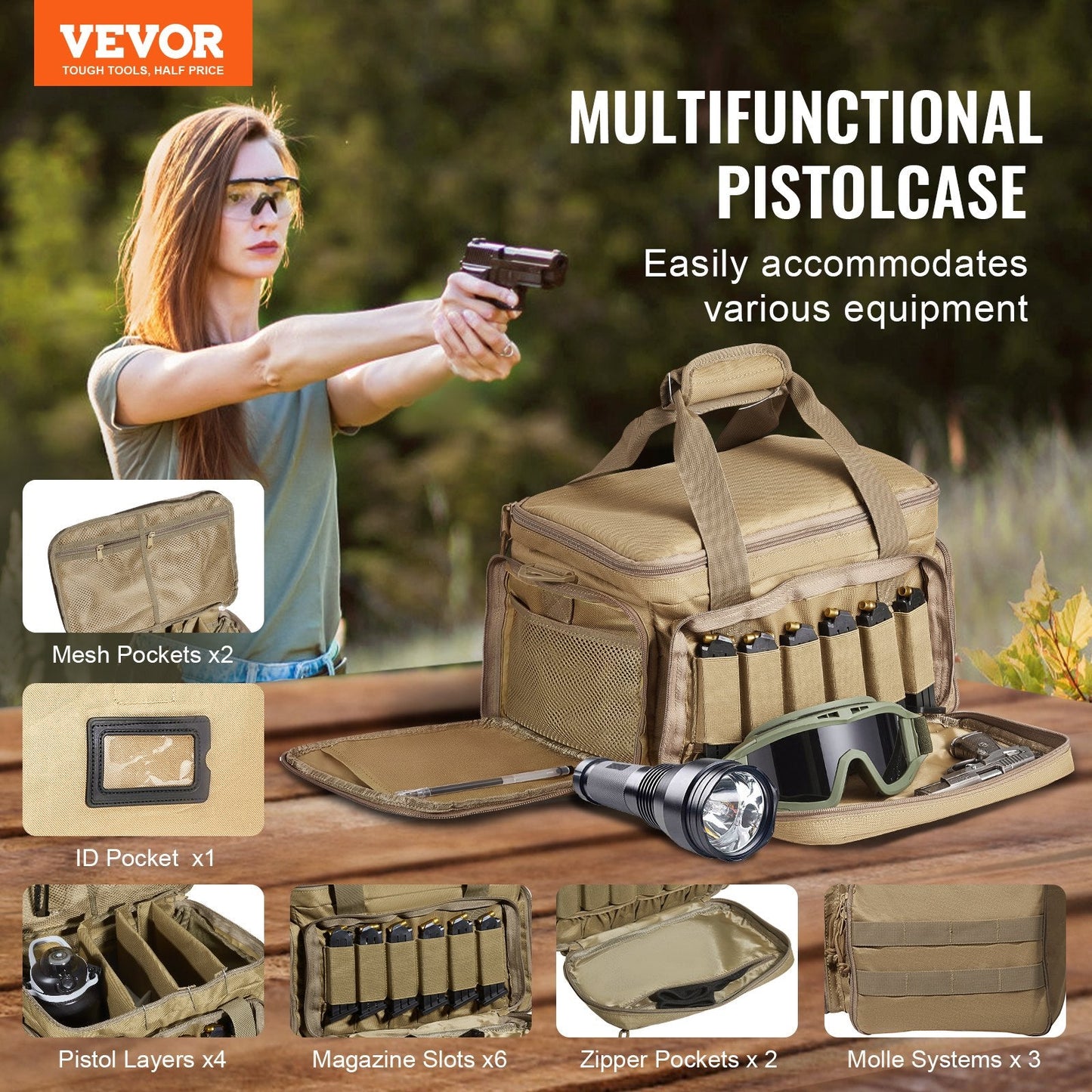 Soft Handgun Case for 4 Pistols with Shoulder Strap, Brown, 1.2 kg, 37×26×23 cm