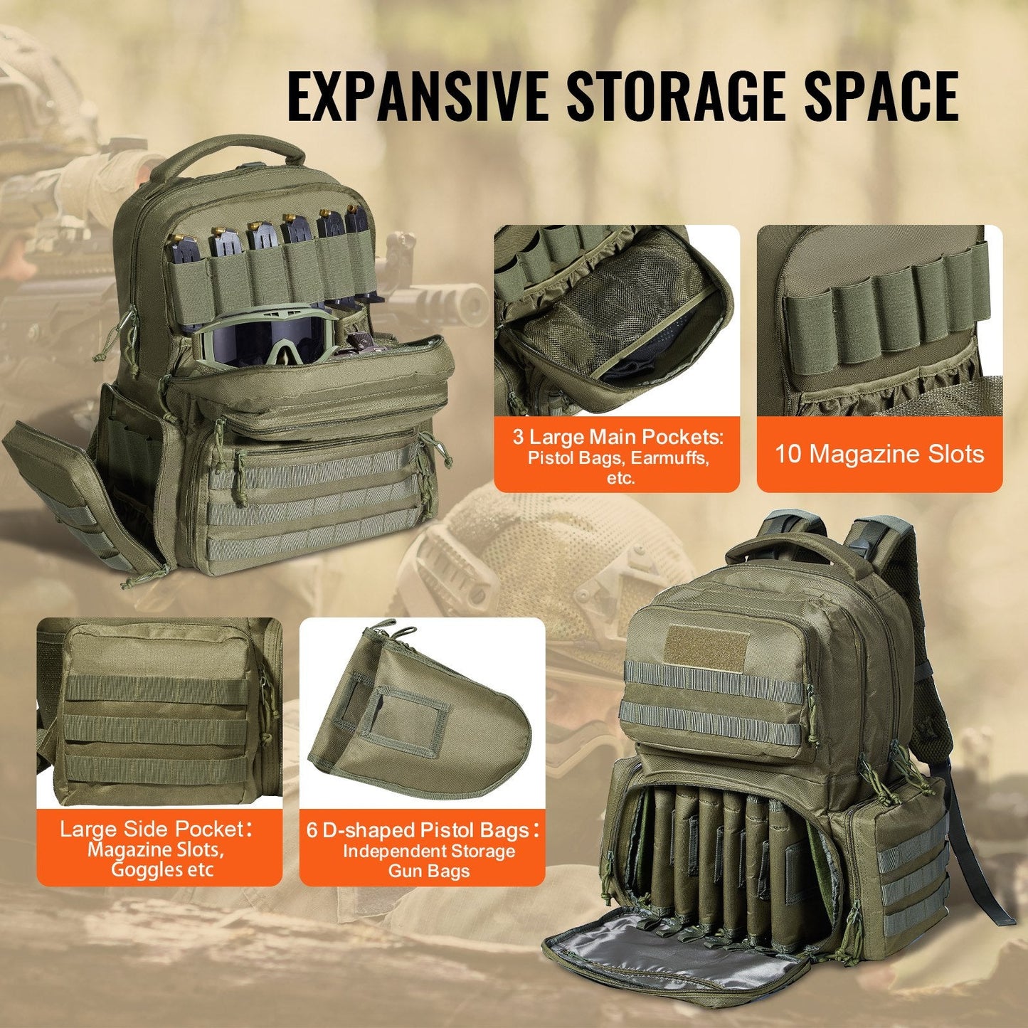 Green Tactical Range Bag for 6 Pistols - Multifunctional and Portable