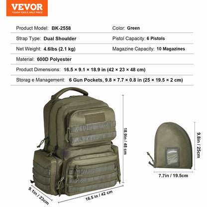 Green Tactical Range Bag for 6 Pistols - Multifunctional and Portable