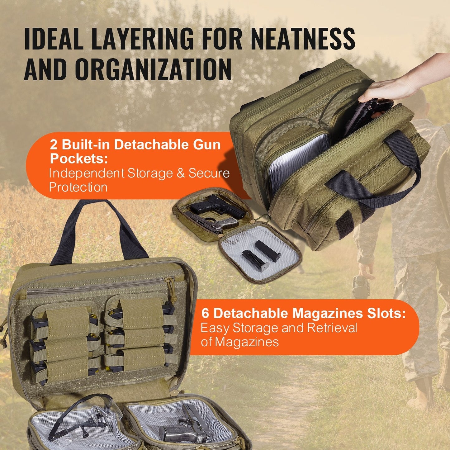 Tactical Brown Gun Bag with Dual Pistol Storage and Detachable Magazines