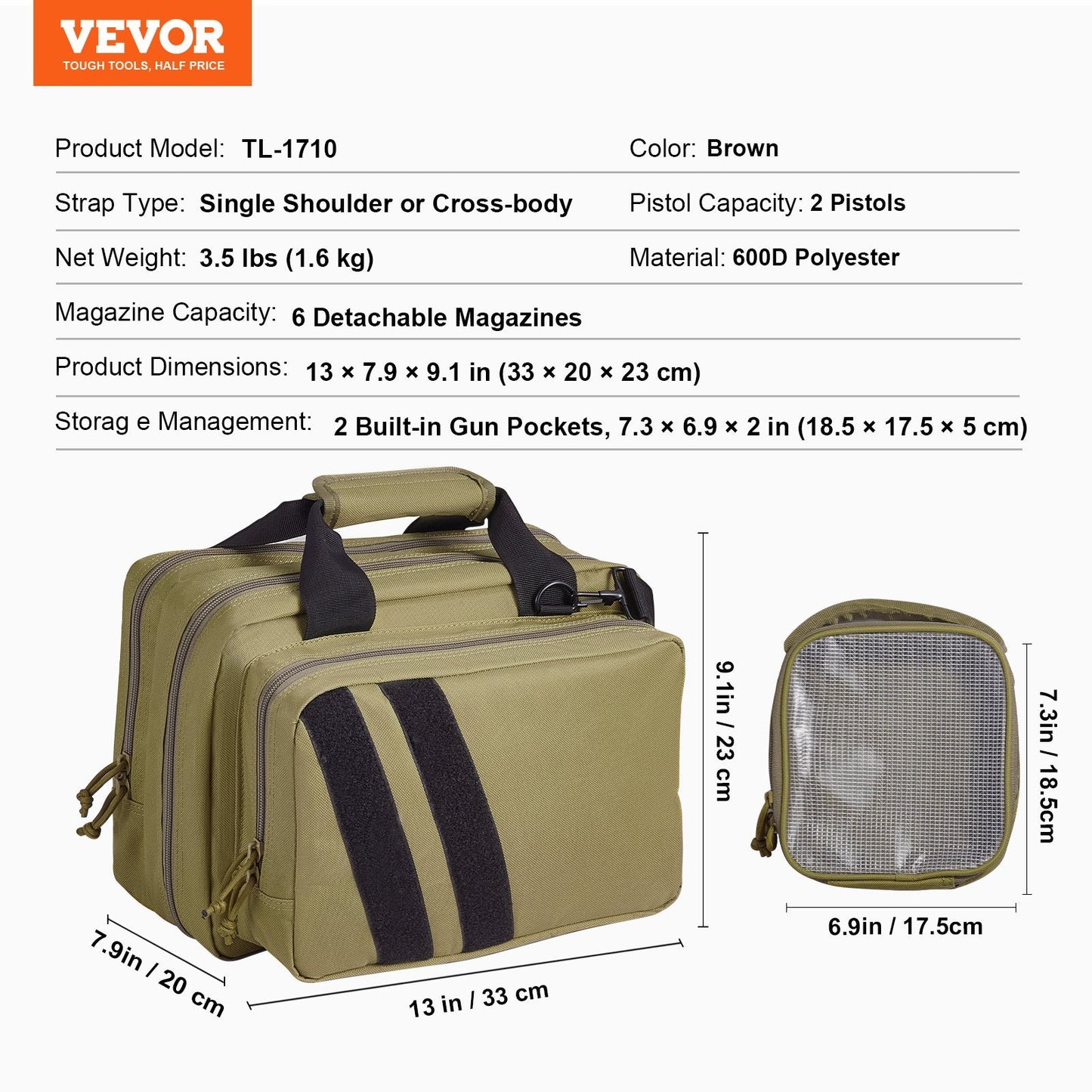 Tactical Brown Gun Bag with Dual Pistol Storage and Detachable Magazines