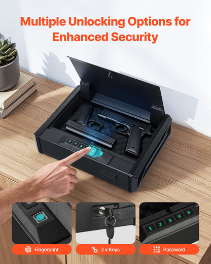 Gun Safe, Heavy Duty Handgun Safe with Fingerprint/Password/Key, 3-Way Quick Access Firearm Case Box with Lighting for 2 Pistols & 2 Magazines, Pistol Gun Box for Nightstand Bedside Desk Car