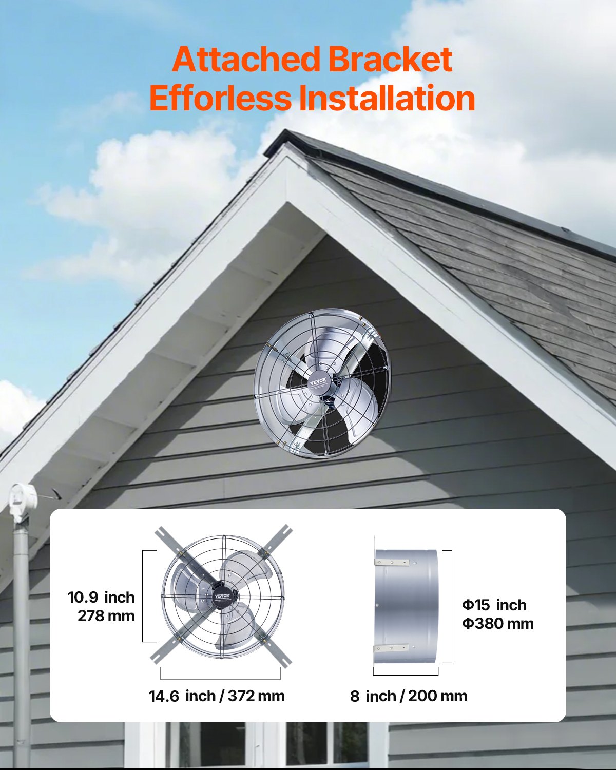 VEVOR 380 mm Gable Mount Fan 1300 CFM Attic Vent Fan with Adjustable Thermostat