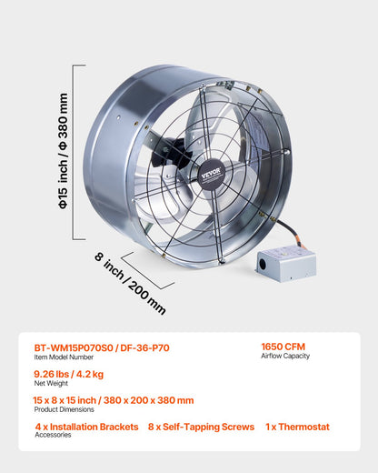 VEVOR 380 mm Gable Mount Fan 1300 CFM Attic Vent Fan with Adjustable Thermostat