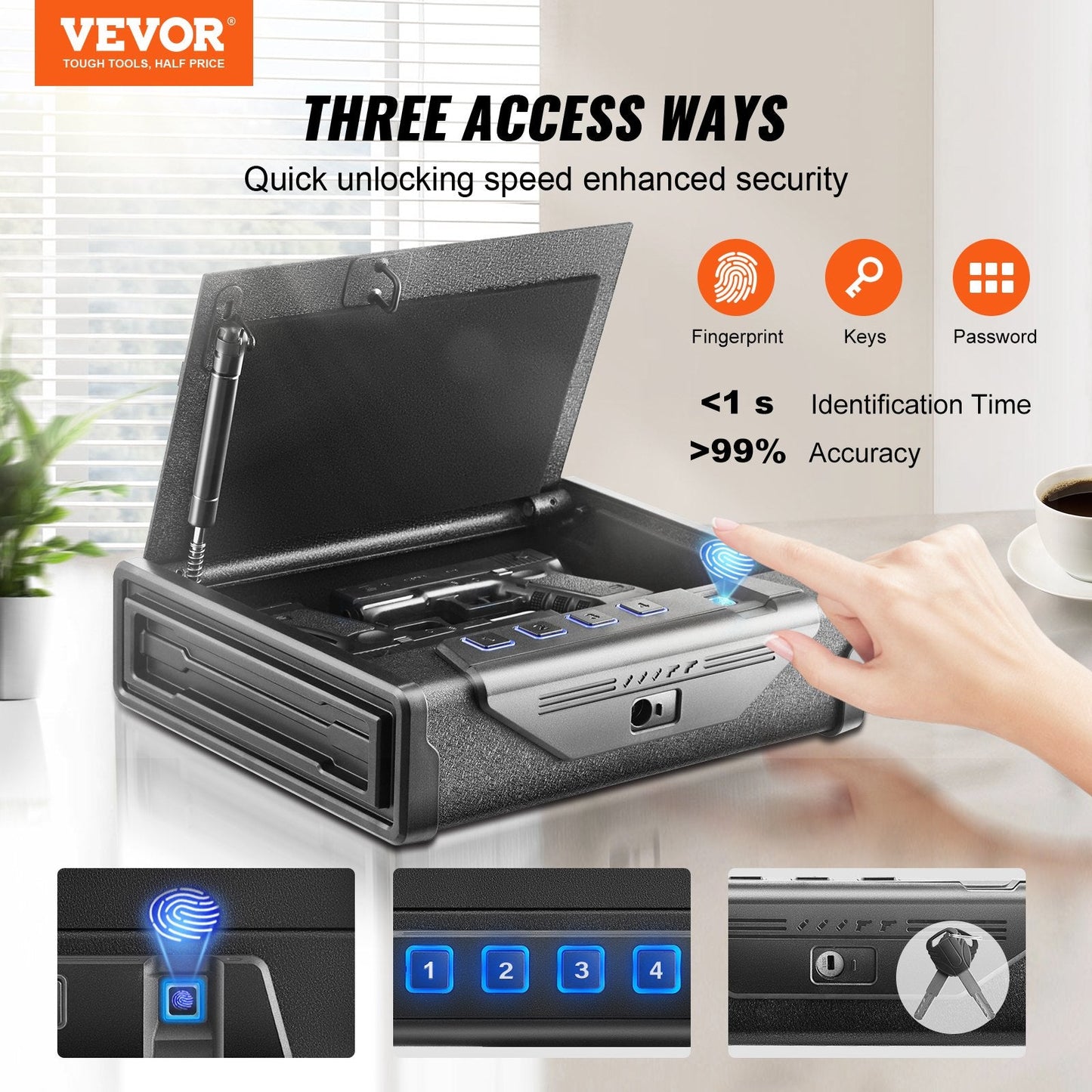 Biometric Gun Safe with 3 Access Modes for 2 Pistols, Automatic Door, Black