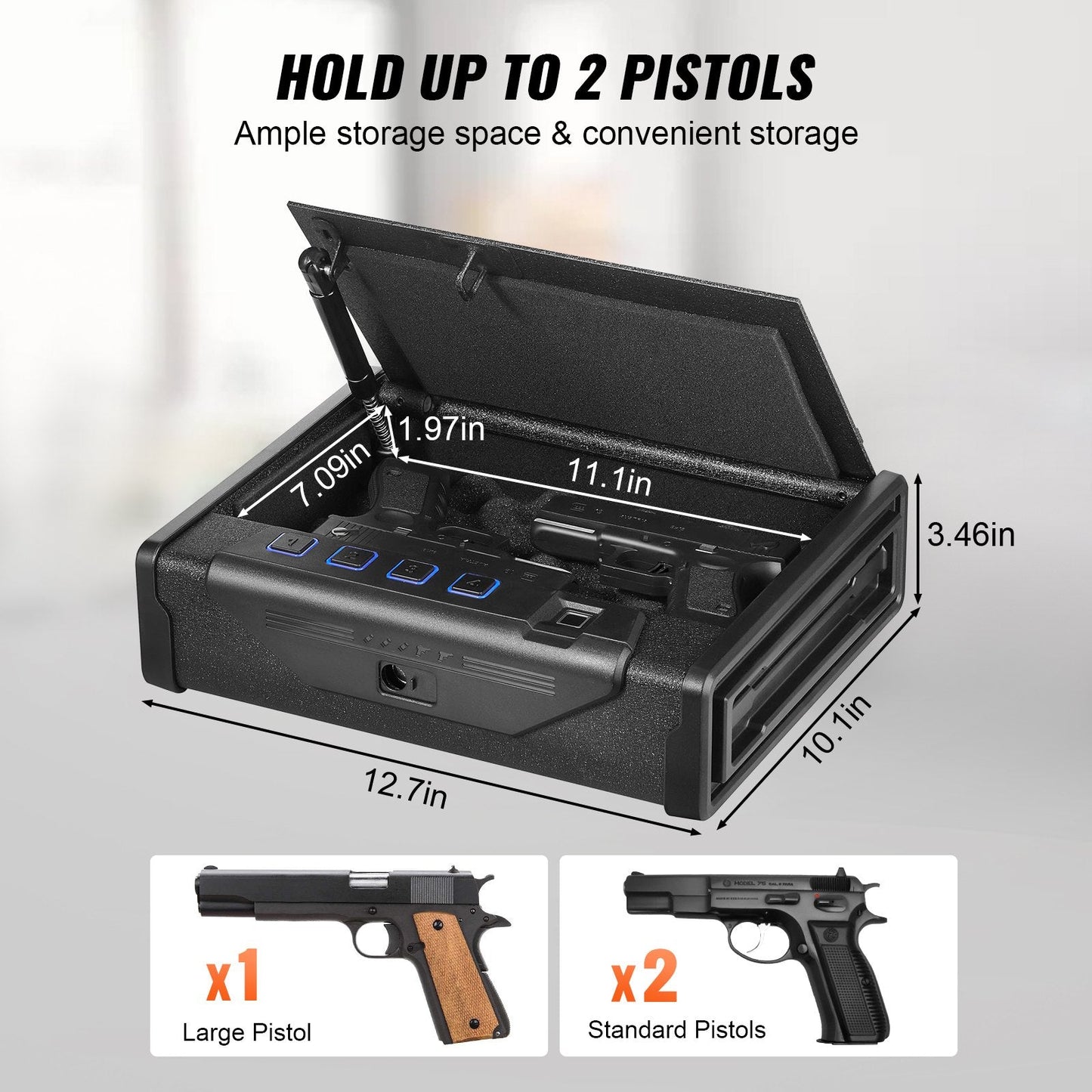 Biometric Gun Safe with 3 Access Modes for 2 Pistols, Automatic Door, Black
