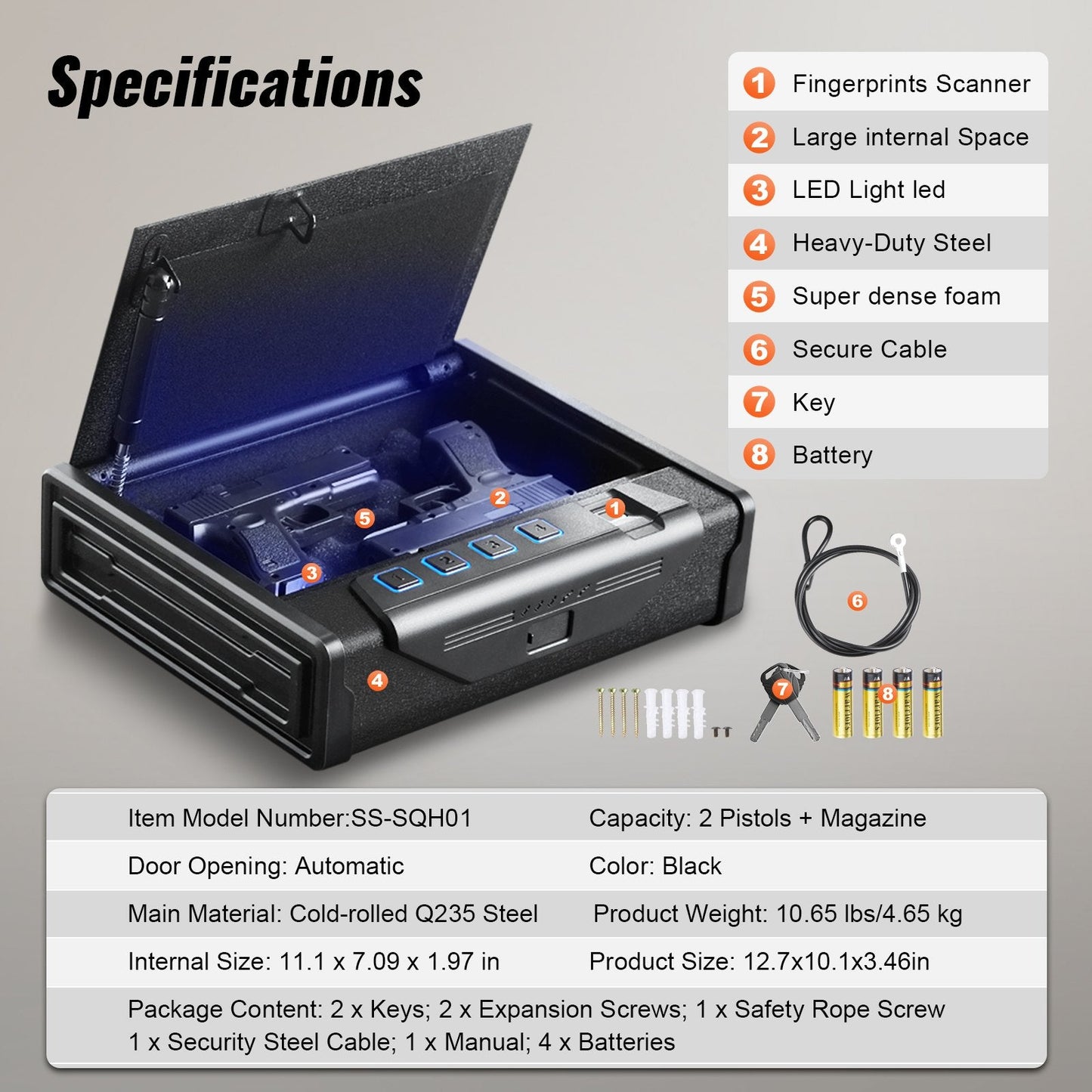 Biometric Gun Safe with 3 Access Modes for 2 Pistols, Automatic Door, Black