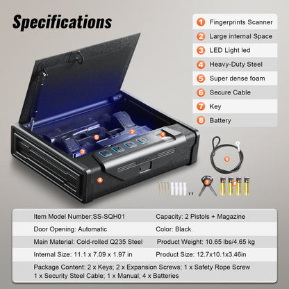 Biometric Gun Safe with 3 Access Modes for 2 Pistols, Automatic Door, Black