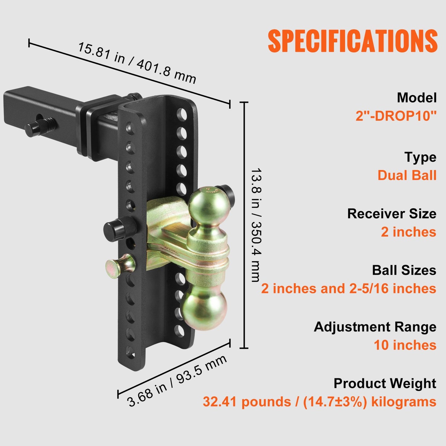 VEVOR Adjustable Trailer Hitch, 25.4 cm Drop & 21.59 cm Rise Hitch Ball Mount with