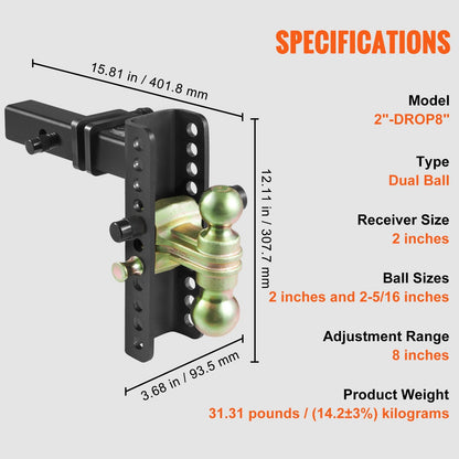 Adjustable Trailer Hitch with 0.2m Drop, 0.17m Rise, and Dual Steel Tow Balls