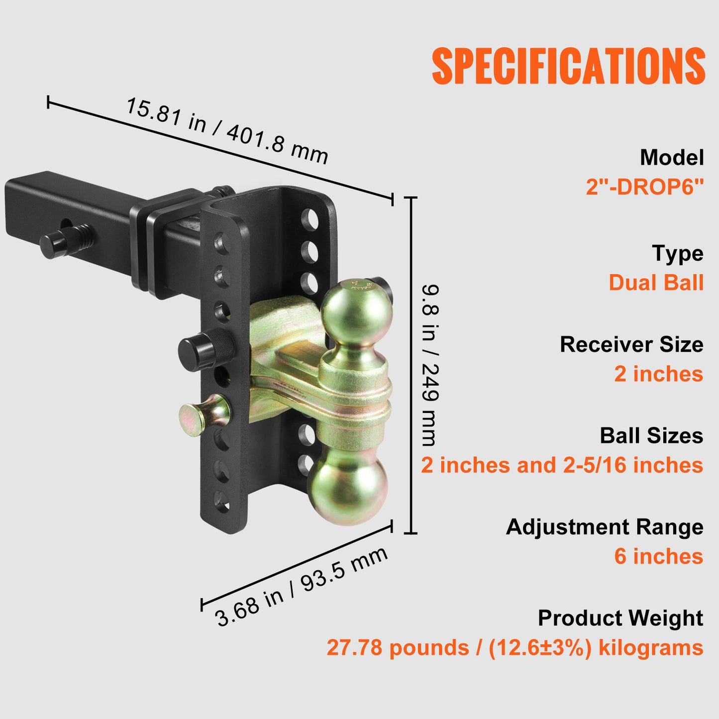 VEVOR Adjustable Trailer Hitch, 152.4 mm Drop & 114.3 mm Rise Hitch Ball Mount with