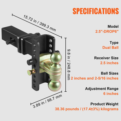 Adjustable Trailer Hitch with Dual Ball, 15cm Drop & 11.43cm Rise, 6577 kg GTW