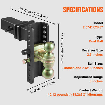 Adjustable Trailer Hitch with 0.2m Drop & 0.17m Rise, 6577 kg Capacity, Dual Ball