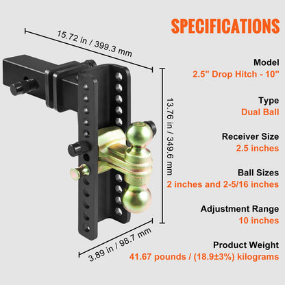 VEVOR Adjustable Trailer Hitch, 25 cm Drop & 21.59 cm Rise Hitch Ball Mount with