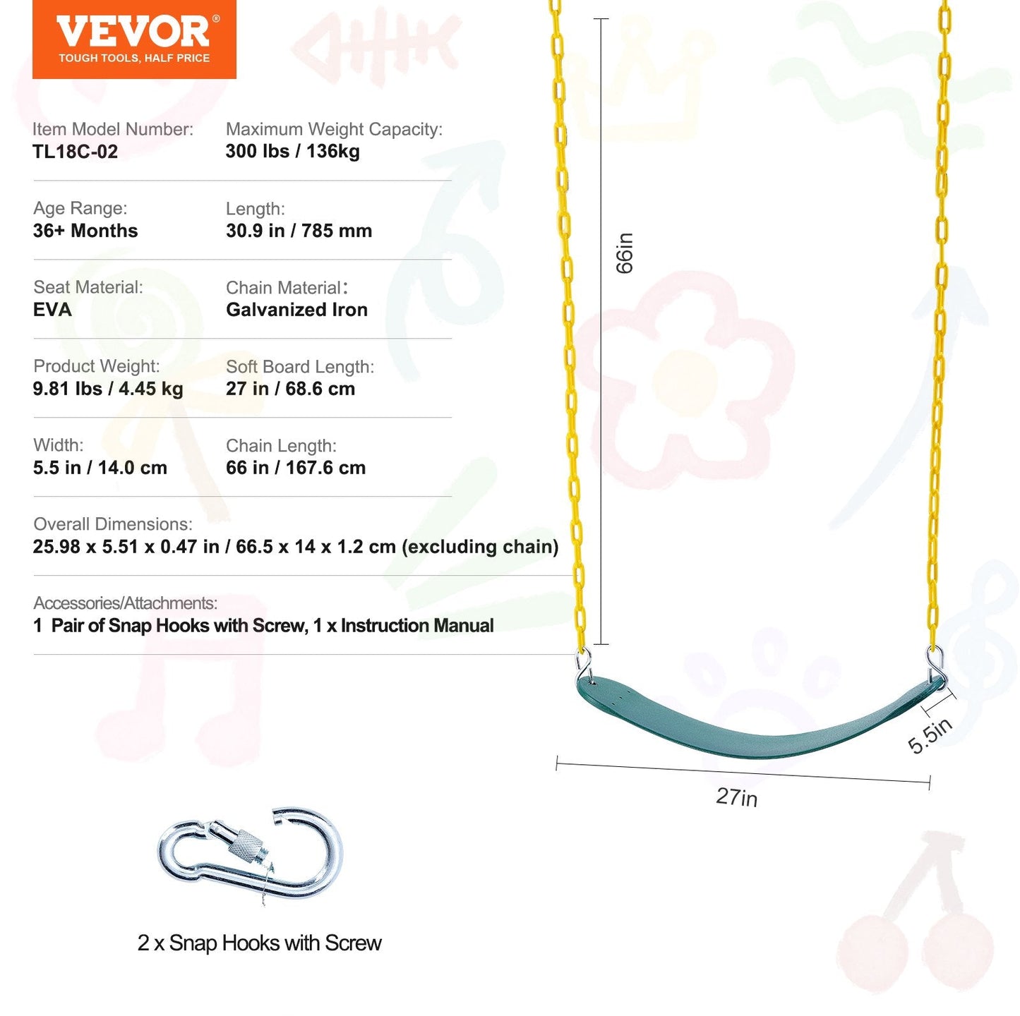 Heavy Duty Outdoor Swing Seats 2-Pack with 1.67m Chain, 136kg Capacity