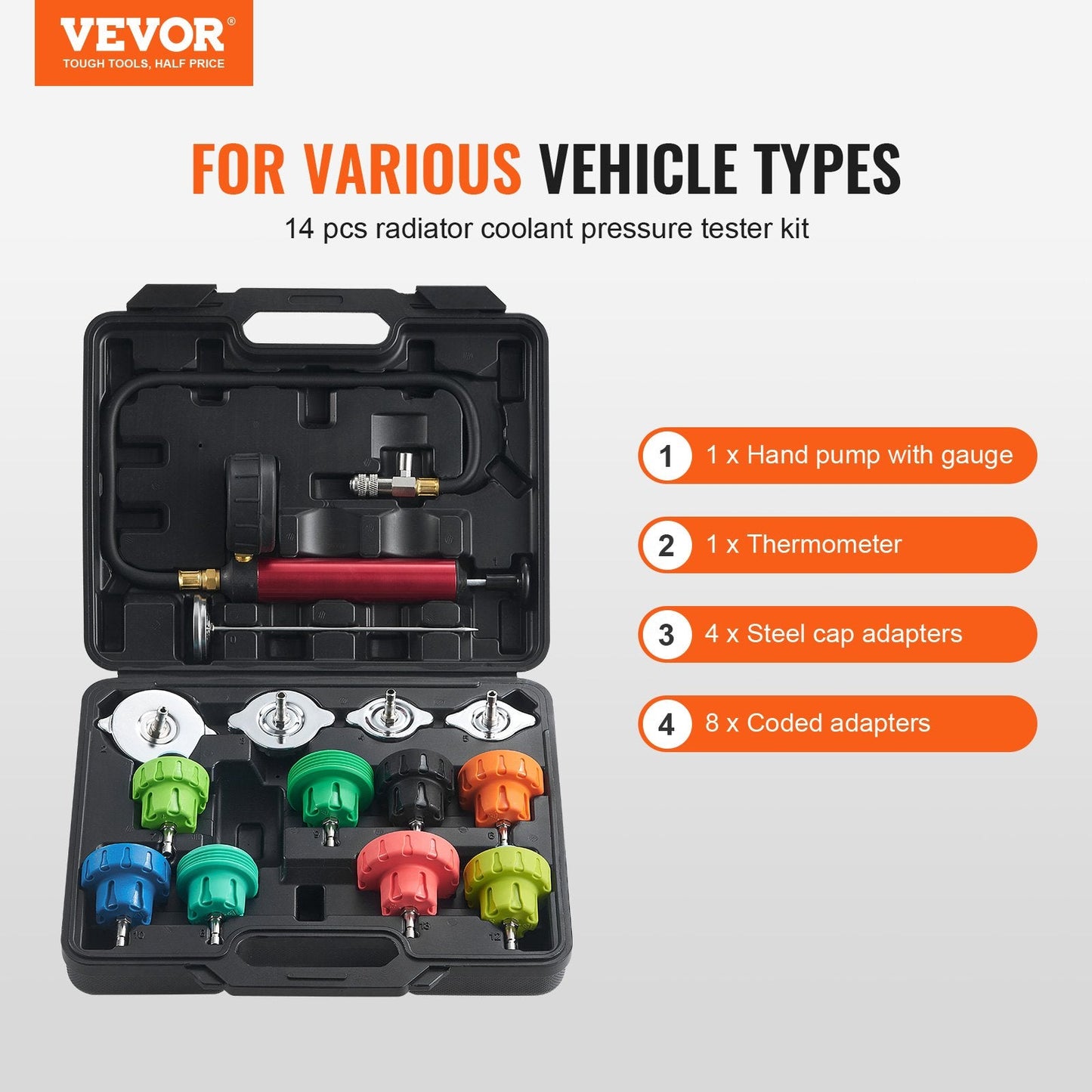 14-Piece Universal Radiator Pressure Tester Kit with Steel Adapters and Toolbox
