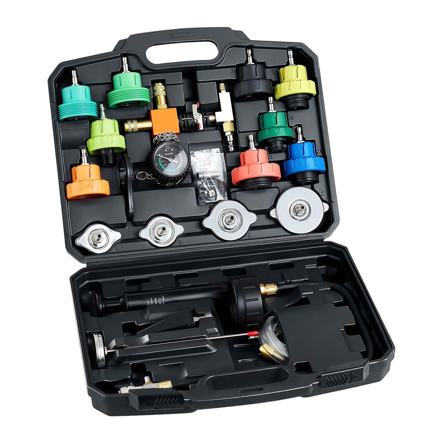 Coolant Pressure Tester Kit, 28Pcs Radiator Vacuum Refill Kit with 4 Adapters, Universal Fit, Automotive Cooling System Pressure Tester Kit, with Pressure Pump & Aluminum Alloy Purge Filler