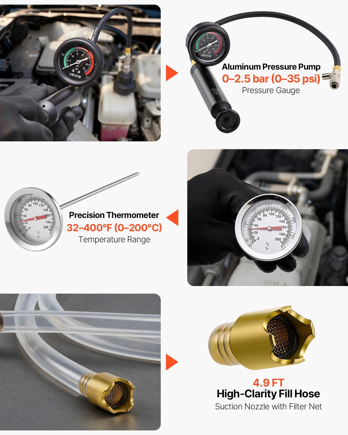 Coolant Pressure Tester Kit, 47Pcs Radiator Vacuum Refill Kit with 3 Metal Adapters, Universal Fit, Automotive Cooling System Pressure Tester Tool, with Pressures Pump & Aluminum-Plastic Filler