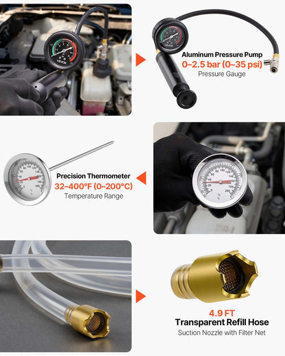 Coolant Pressure Tester Kit, 47Pcs Radiator Vacuum Refill Kit with 3 Metal Adapters, Universal Fit, Automotive Cooling System Pressure Tester Tool, with Pressures Pump & Plastic Filler