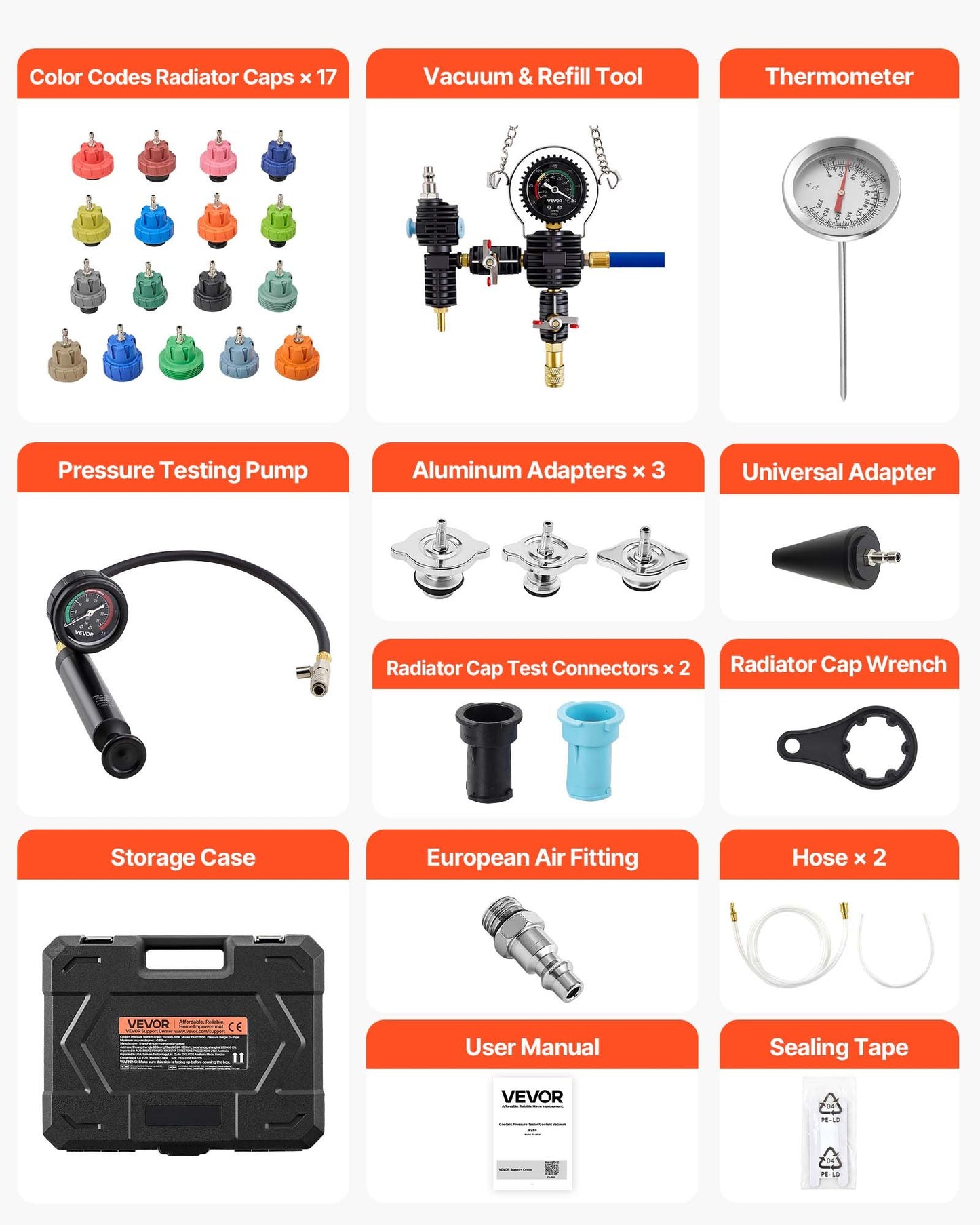 Coolant Pressure Tester Kit, 47Pcs Radiator Vacuum Refill Kit with 3 Metal Adapters, Universal Fit, Automotive Cooling System Pressure Tester Tool, with Pressures Pump & Plastic Filler