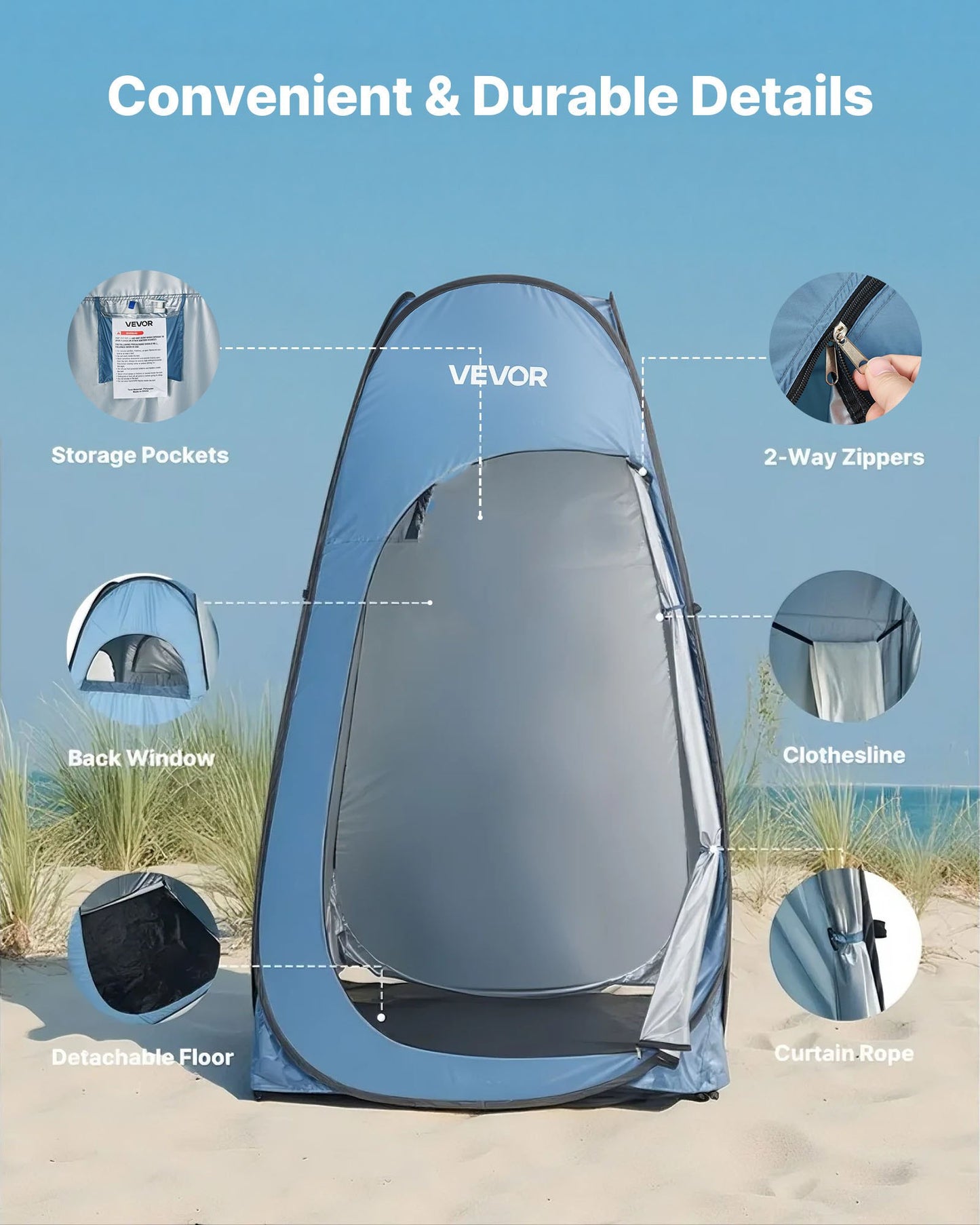 Pop up Shower Tent, Instant Portable Privacy Tent Changing Room with Hanging Bag, Ground Stakes, Ropes, Carry Bag, 190T Polyester with Silver Coating, Quick Setup, for Camping, Beach, Fishing