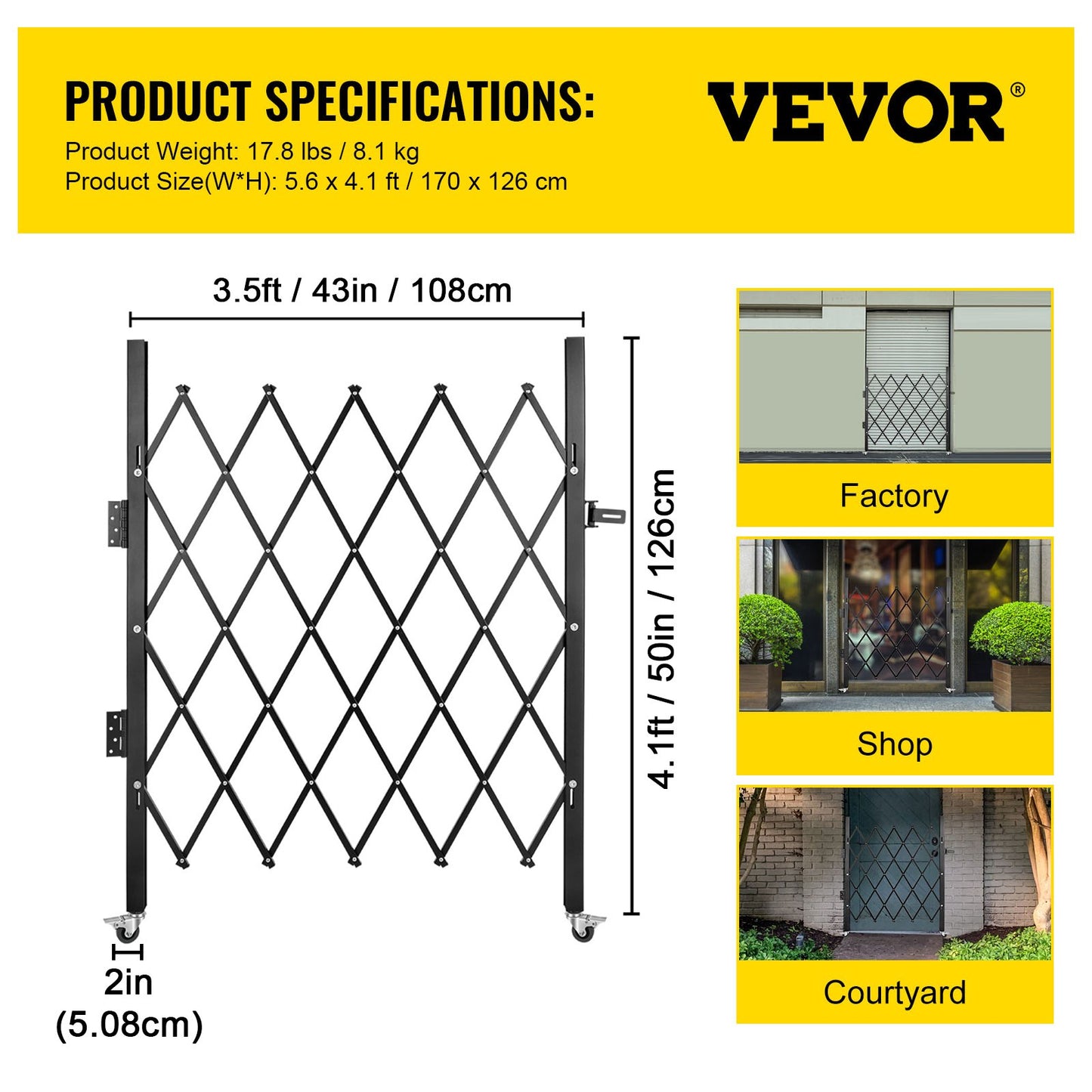 VEVOR Single Folding Security Gate Folding Door Gate 37"W x 48"H Scissor Gate