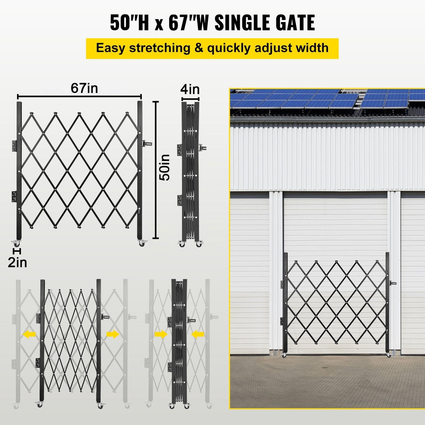 Single Folding Security Gate, 1.2m H x 1.7m W, Steel Scissor Design, Black