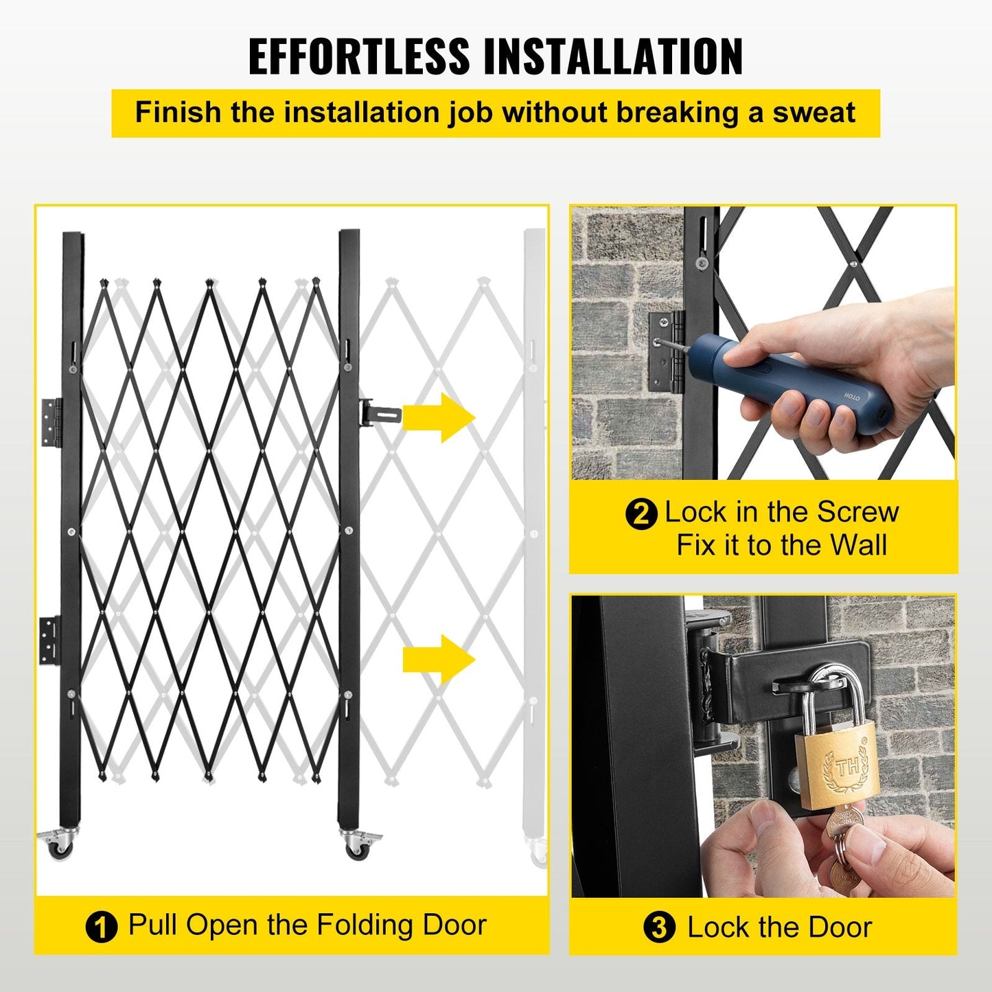 Single Folding Security Gate, 1.2m H x 1.7m W, Steel Scissor Design, Black