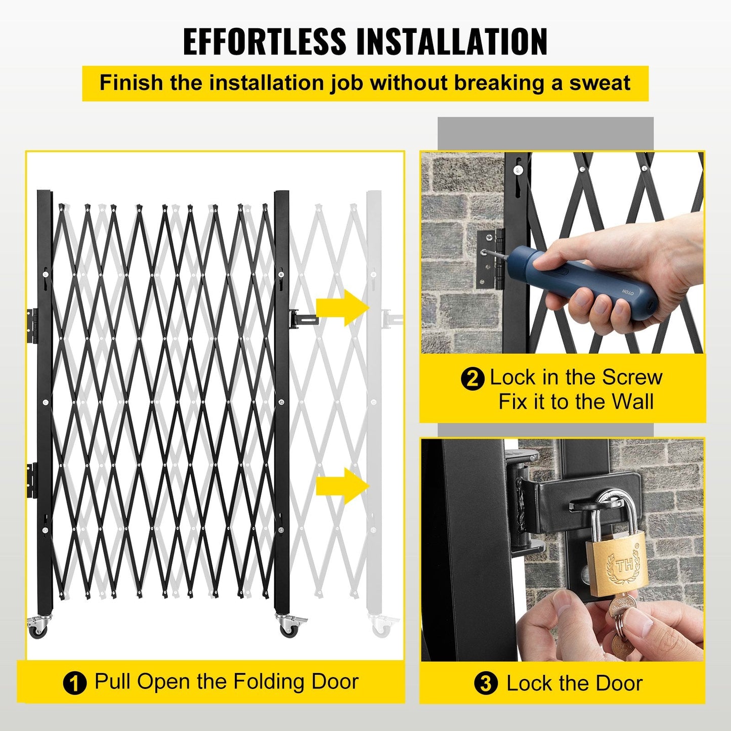 Single Folding Security Gate, 1.9m x 1.3m, Steel Scissor Design with Lock