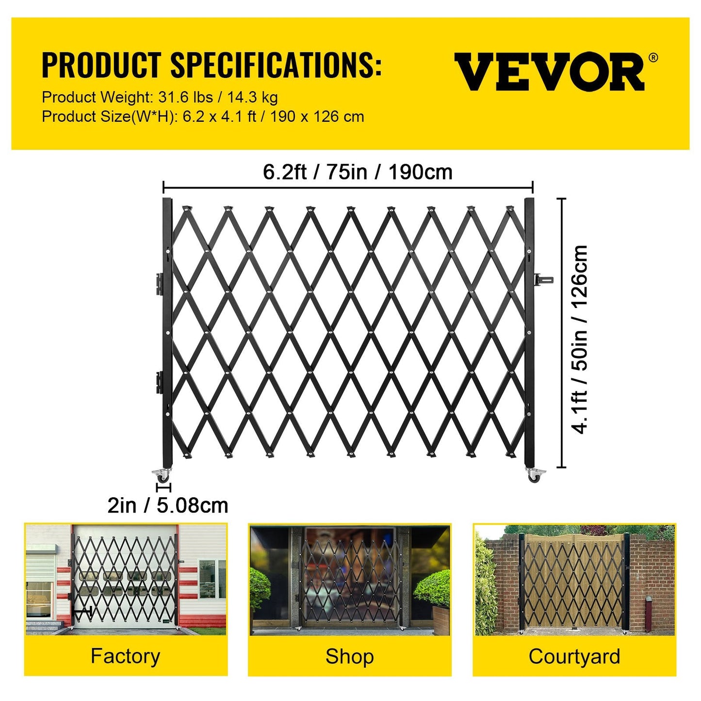 Single Folding Security Gate, 1.9m x 1.3m, Steel Scissor Design with Lock