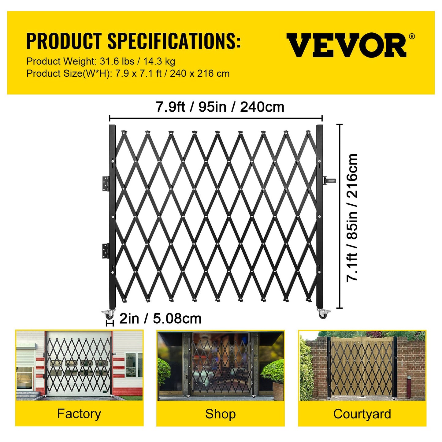 VEVOR Single Folding Security Gate, 85" H x 95" W Folding Door Gate, Steel Accordion