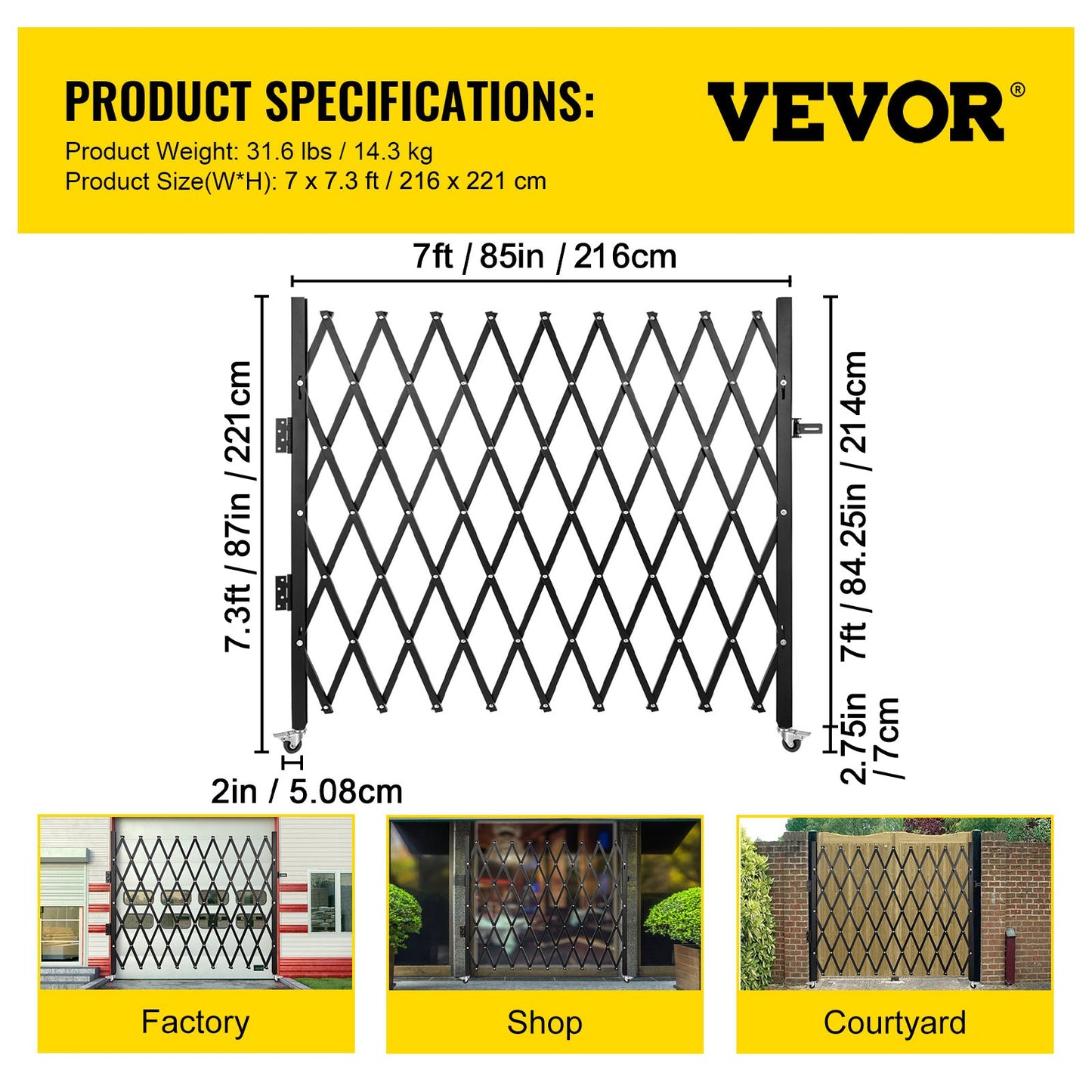 Single Folding Security Gate, 216 x 221cm Folding Door Gate, Steel Accordion Security Gate, Flexible Expanding Security Gate, 360° Rolling Barricade Gate, Scissor Gate/Door with Padlock