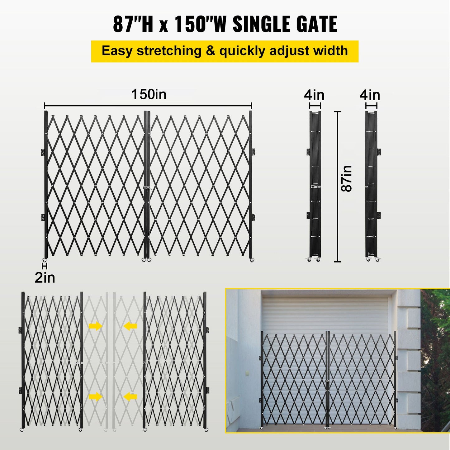 Double Folding Security Gate, 382 x 221cm Folding Door Gate, Steel Accordion Security Gate, Flexible Expanding Security Gate, 360° Rolling Barricade Gate, Scissor Gate or Door with Keys
