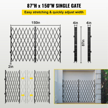 Double Folding Security Gate, 382 x 221cm Folding Door Gate, Steel Accordion Security Gate, Flexible Expanding Security Gate, 360° Rolling Barricade Gate, Scissor Gate or Door with Keys