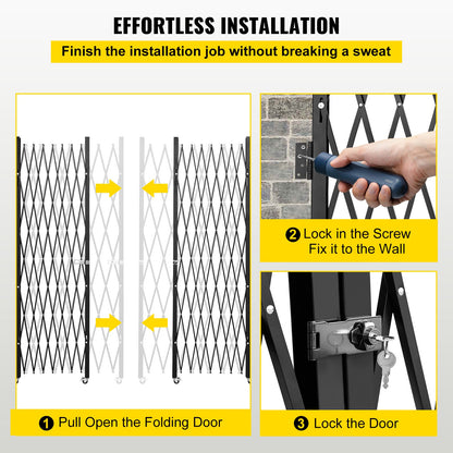 Double Folding Security Gate, 382 x 221cm Folding Door Gate, Steel Accordion Security Gate, Flexible Expanding Security Gate, 360° Rolling Barricade Gate, Scissor Gate or Door with Keys