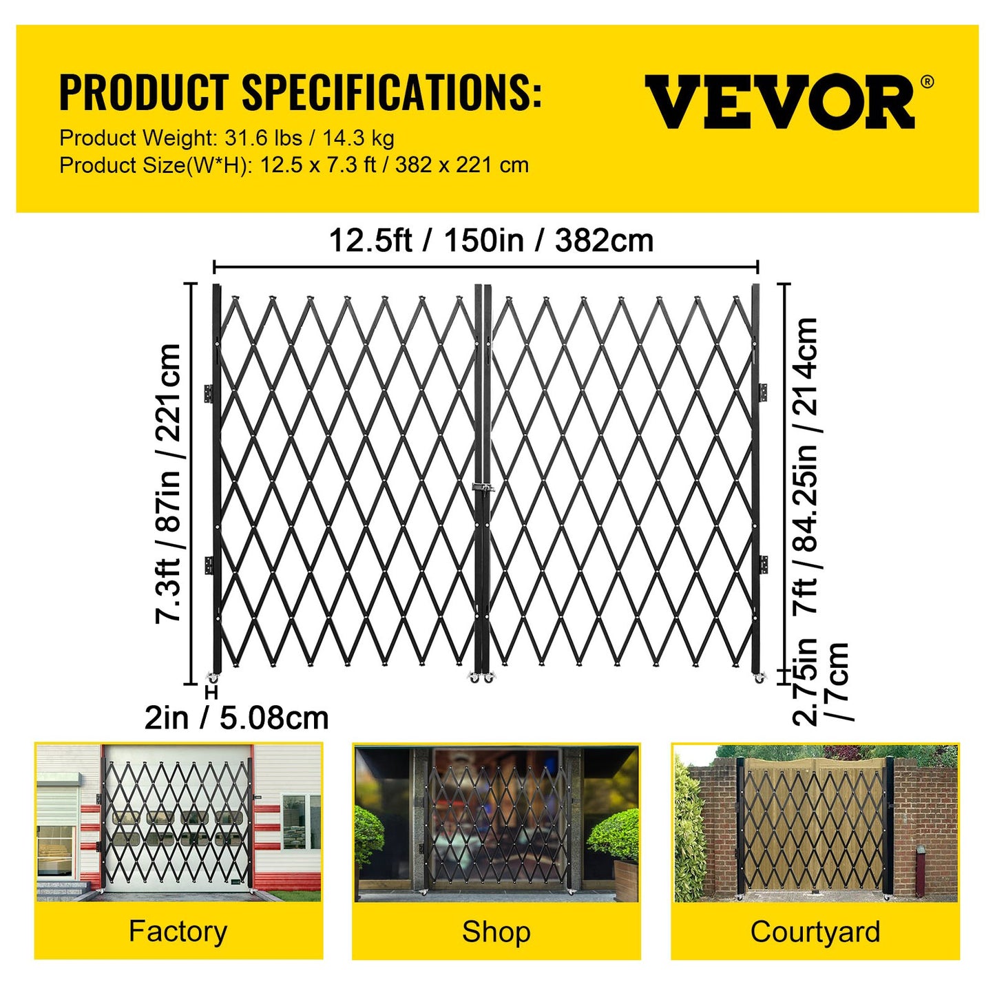 Double Folding Security Gate, 382 x 221cm Folding Door Gate, Steel Accordion Security Gate, Flexible Expanding Security Gate, 360° Rolling Barricade Gate, Scissor Gate or Door with Keys
