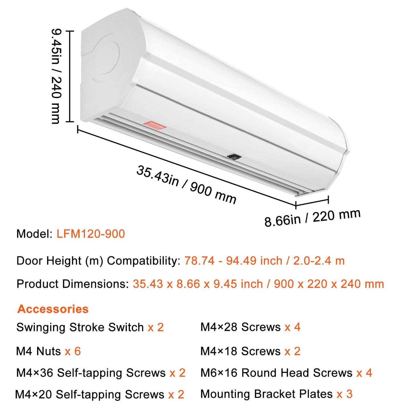 VEVOR 0.9m Commercial Indoor Air Curtain Super Power 2 Speeds 1528m³/h, UL Certified