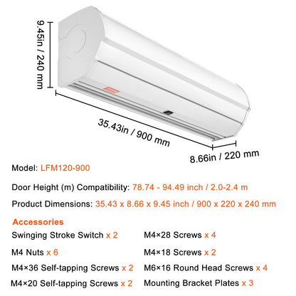 VEVOR 0.9m Commercial Indoor Air Curtain Super Power 2 Speeds 1528m³/h, UL Certified