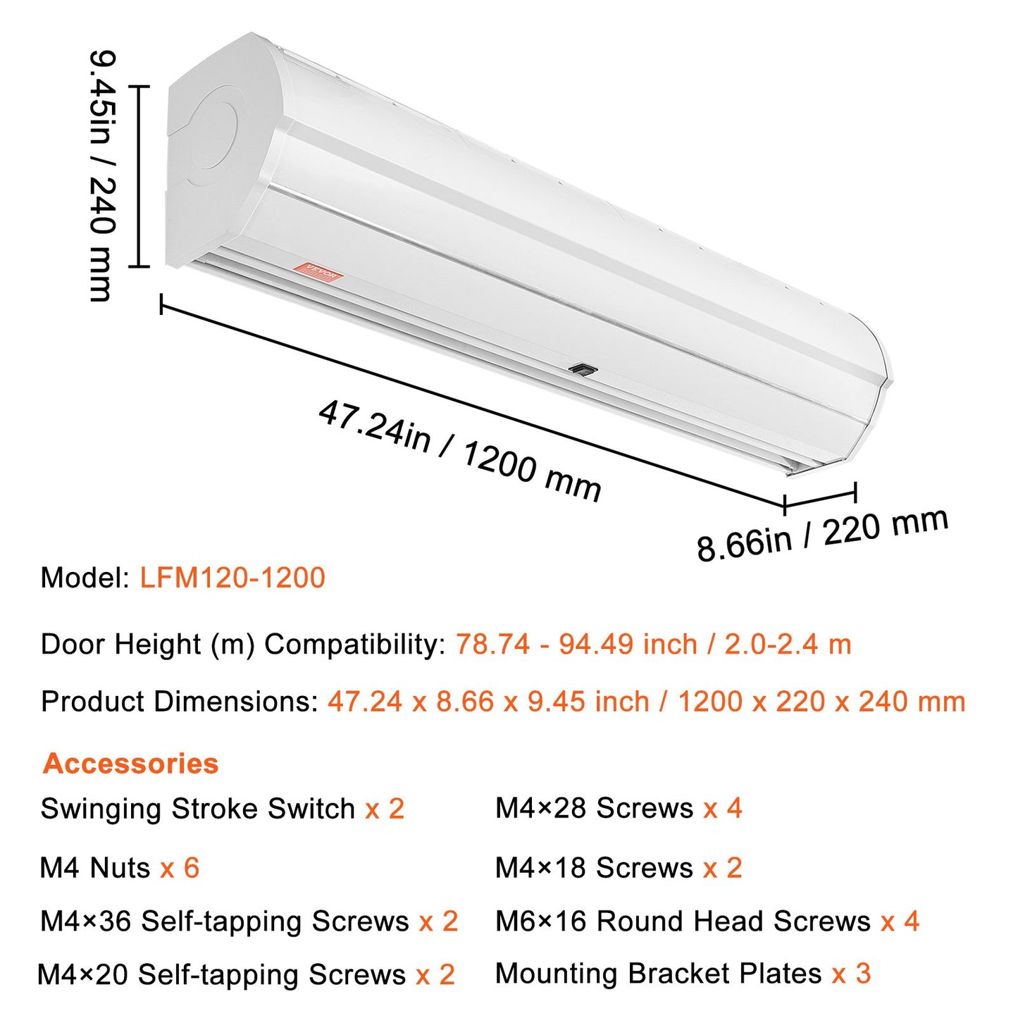VEVOR 1.2m Commercial Indoor Air Curtain Super Power 2 Speeds 2038m³/h, UL Certified