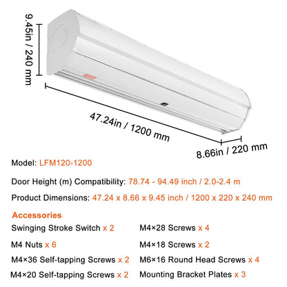 1.2m Commercial Indoor Air Curtain, Dual Speed, 2038m³/h, UL Certified