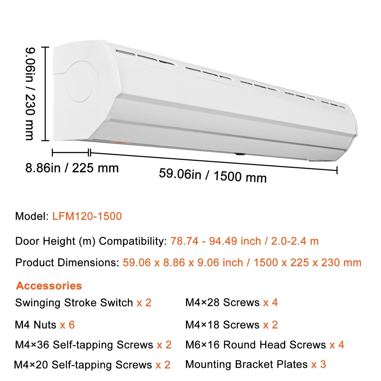 1.5m Indoor Air Curtain, 2 Speeds, 2547 m³/h, UL Certified, Easy Install
