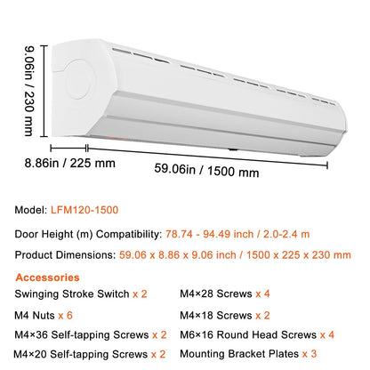 1.5m Indoor Air Curtain, 2 Speeds, 2547 m³/h, UL Certified, Easy Install