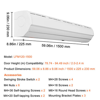 VEVOR 1.5m Commercial Indoor Air Curtain Super Power 2 Speeds 2547m³/h, UL Certified