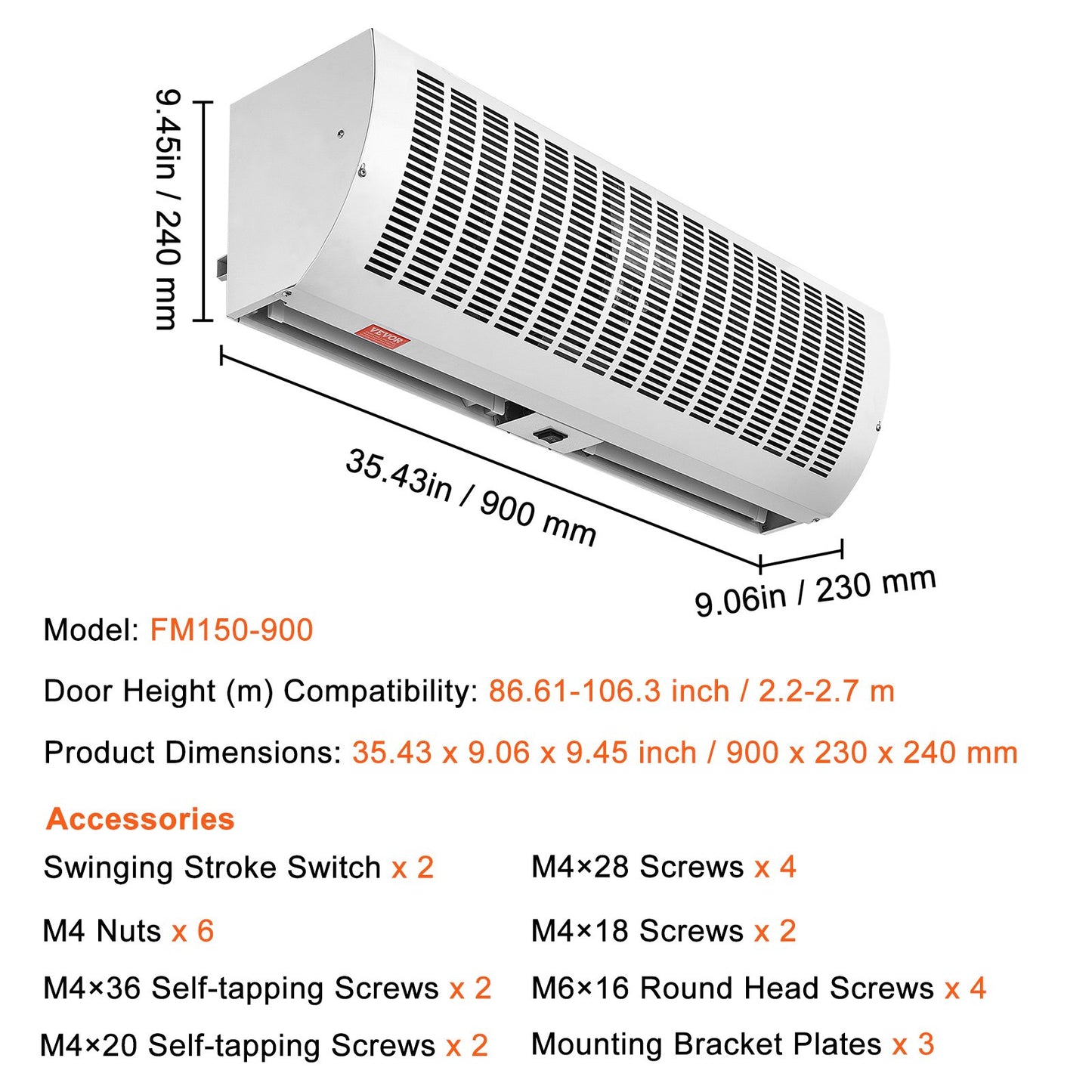 VEVOR 0.9m Commercial Indoor Air Curtain Super Power 2 Speeds 2038m³/h, UL Certified