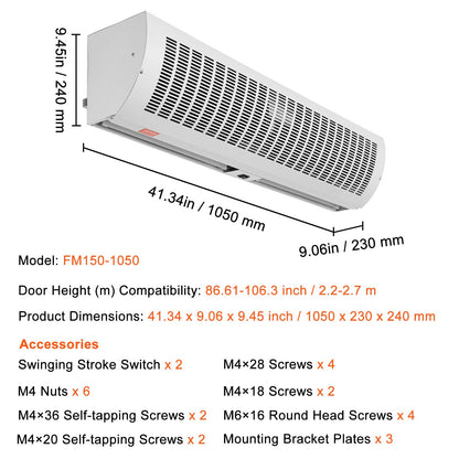VEVOR 1.1m Commercial Indoor Air Curtain Super Power 2 Speeds 2292m³/h, UL Certified